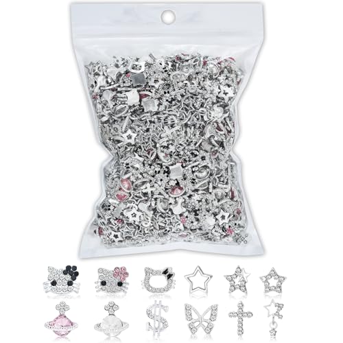 112 PCS Nail Charms Bulk Set for Kawaii Kitty Charms Bling Cute Cross Star Charms Nail Charms and Gems 3D Silver Y2K Nail Charms with Rhinestones Nail Art Accessories