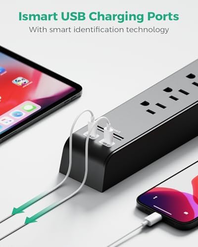15FT Power Strip Surge Protector - 2 Pack Extension Cord with 6 Outlets 4 USB Ports, Flat Plug, 900 Joules, 15A Circuit Breaker, Wall Mount for Home Office Dorm