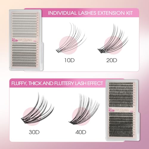 10D+20D Lash Clusters, 400PCS Lash Extension Kit Wispy Mink Individual Lashes 8-14mm Soft Cluster Lashes Natural Cluster Eyelash Extension Kit With Lash Bond and Seal Tweezers(10D+20D)