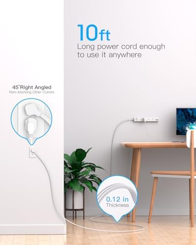 10FT Extension Cord Flat Plug Power Strip Surge Protector with 8 Widely AC Outlets and 3 USB Ports Outlet Extender Overload Protection Wall Mount for Home Office Dorm Room Essentials Gaming, ETL