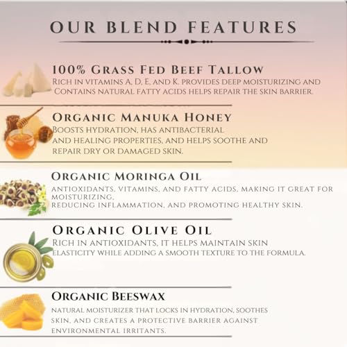 100% Grass-Fed Beef Tallow Balm, Moisturizing Cream with Manuka Honey, Beeswax & Olive Oil – Handmade All-Natural Skincare for Soft, Smooth Skin(2oz) (2oz, Orange)