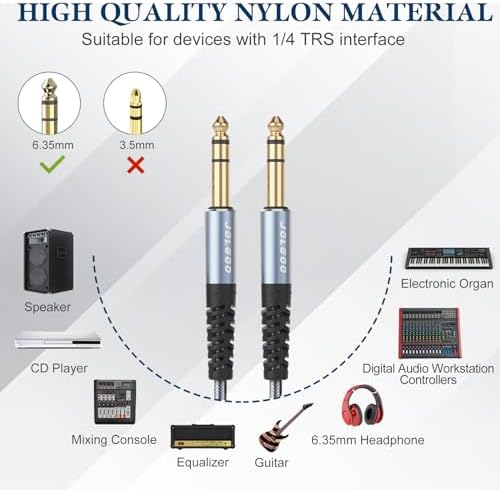 1/4 Inch TRS Instrument Cable 3.3 FT 2-Pack, Quarter inch Audio Cable, 6.35 Balanced Interconnect Line for Electric Guitar, Bass, Keyboard, Mixer, Amplifier, Speaker, Electric Mandolin