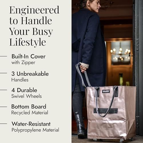 (Medium, Rose Gold) Reusable Grocery Bag On Wheels, Shopping Trolley, Rolling Tote, Zipper Closure, Lightweight, Carries Up to 66 lb, Folds Flat, Unbreakable Handles