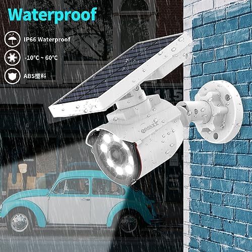 (Wire Free Solar Motion Light) Motion Sensor Solar Powered Outdoor Wireless Fake Camera Brightest Floodlights Spot Lighting Spotlight Home Security LED Lights Defiant Activated Detector