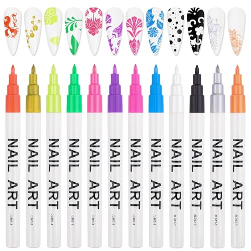 12 Color Fluorescent 3D Nail Art Pens Set, Kalolary Nail Point Graffiti Dotting Pen Drawing Painting Liner Brush for DIY Nail Art Beauty Adorn Manicure Tools(D)