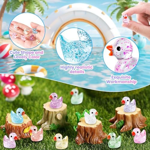 100pcs Mini Glitter Ducks Colorful Tiny Small Little Resin Ducks to Hide Plastic Animal Figures for for Dollhouse Micro Dollhouse Landscape Aquarium Decorations