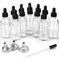 12 Pack, 2 oz Glass Eye Dropper Bottles w/ 3 Stainless Steel Funnels & 1 Long Pipette Dropper & 24 Labels - 60ml Clear Tincture Bottles for Essential Oils, Liquids - Leakproof Travel Essential Bottles