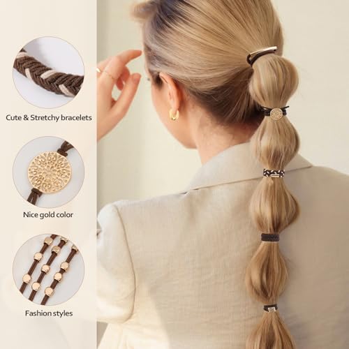 10 PCS Hair Ties Bracelets, Boho Hair Ties for Thick & Thin Hair, Cute Stretch Bracelets, Braided Hair Ties for Ponytail Holders, 5 Styles Hair Ties No-Damage, Dark Coffee