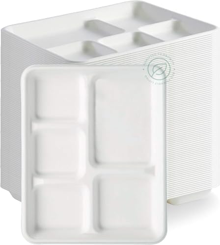 100% Compostable, 5 Compartment, Disposable Paper Plates [125-Pack] - {PFAS Free} - {BPA Certified} - [10 Inch] Heavy Duty Biodegradable Bagasse Sectional Lunch Trays + Dividers - Divided Platter Tray