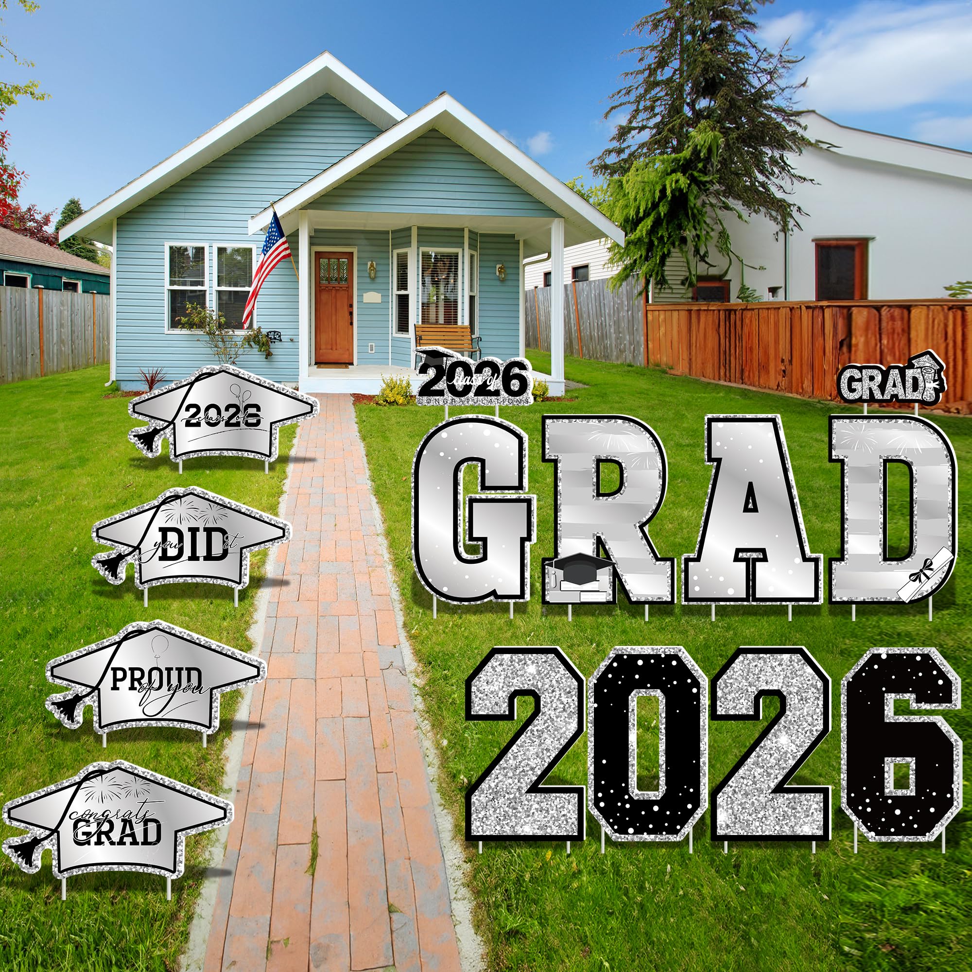 14 PCS Graduation Decorations, Silver Congrats Grad 2026 Lawn Stakes, Class of 2026 Graduation Yard Signs with Stakes, Weatherproof Graduation Outdoor Decor Set for College High School Grad Party