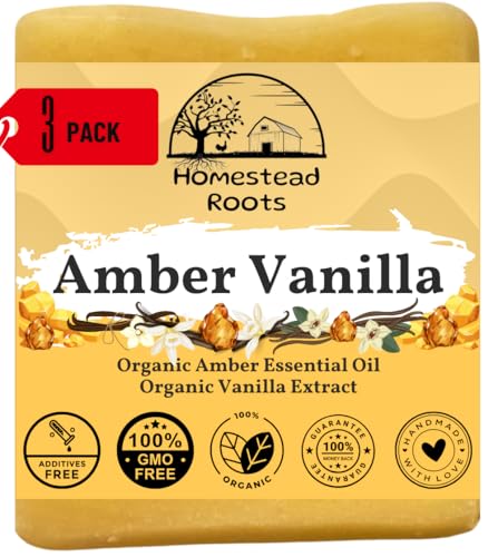 Amber Vanilla- Handcrafted with Grass-Fed Beef Tallow and Organic Oils - Scented with Organic Essential Oils - Artisanal Bar Soap - 3 Pack - Each Bar Unique