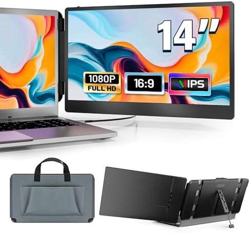 14" Laptop Monitor Extender, FHD 1080P IPS Dual Laptop Screen Extender, HDMI/USB-A/Type-C Plug and Play for Windows, Mac, Chrome, Android, Xbox, Switch, PS5, Work with 13.3”-17” Laptops