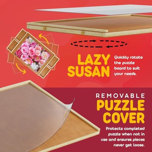 1000 Piece Wooden Jigsaw Puzzle Board - 4 Drawers, Rotating Puzzle Table | 30” X 22” Jigsaw Puzzle Table | Puzzle Cover Included - Portable Puzzle Tables for Adults and Kids by Beyond Innoventions