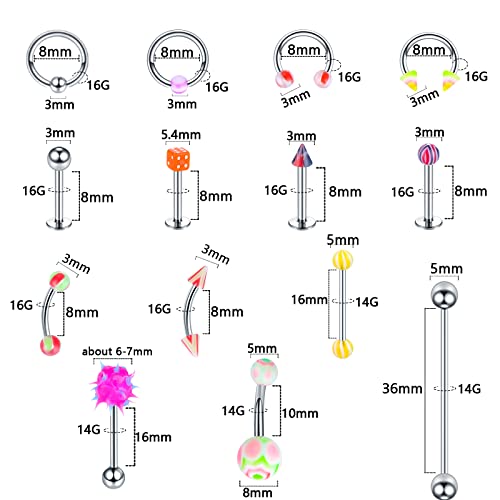 120PCS Body Piercing Kit Surgical Steel 14G 16G 20G BCR CBR Labret Lip Rings Cartilage Daith Earrings Nose Septum Nose Studs Belly Button Rings Piercing Jewelry Needles Gloves Clamps Tools