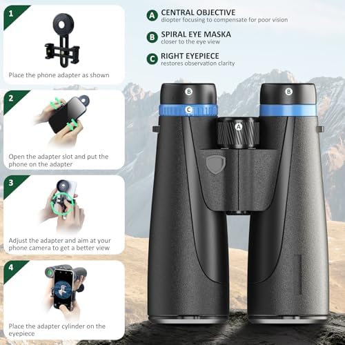 12x50 HD Binoculars for Adults High Powered, Binoculars for Bird Watching with Upgraded Binoculars Phone Adapter, Large View Binoculars for Adults, Lightweight Binoculars for Long Distance