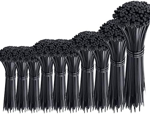 1000 Pcs Black Cable Zip Ties Assorted Sizes 4/6/8/10/12 Inch Heavy Duty Plastic Tie Wraps Mixed Pack Self Locking Nylon Wire Ties