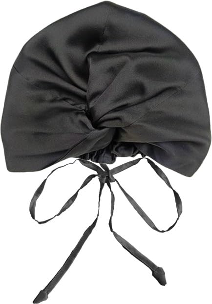 100% Mulberry Silk Sleep Bonnet, Double Layer Silk Turban, Shower Cap, 8 Colors (Black Bonnet With Adjustable Strap)