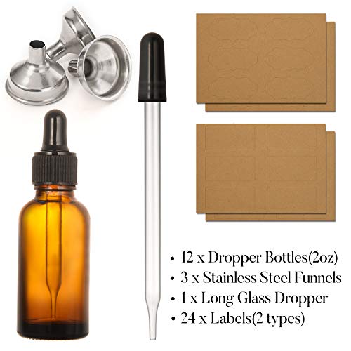 12 Pack, 2 oz Glass Dropper Bottle with 3 Stainless Steel Funnels & 1 Long Eye Dropper - 60ml Amber Glass Tincture Bottles for Travel Essential Oils, Liquids - Leakproof