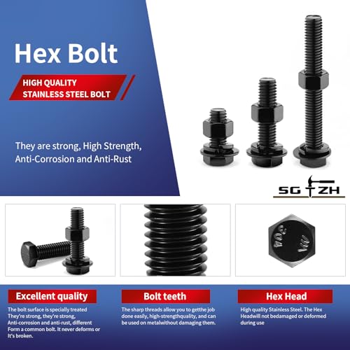 1/4-20 x 1/2" Hex Head Screw Bolt, Nuts, Flat & Lock Washers, 20Pcs 18-8 (304) Stainless Steel, Fully Threaded, Black Oxide by SG TZH