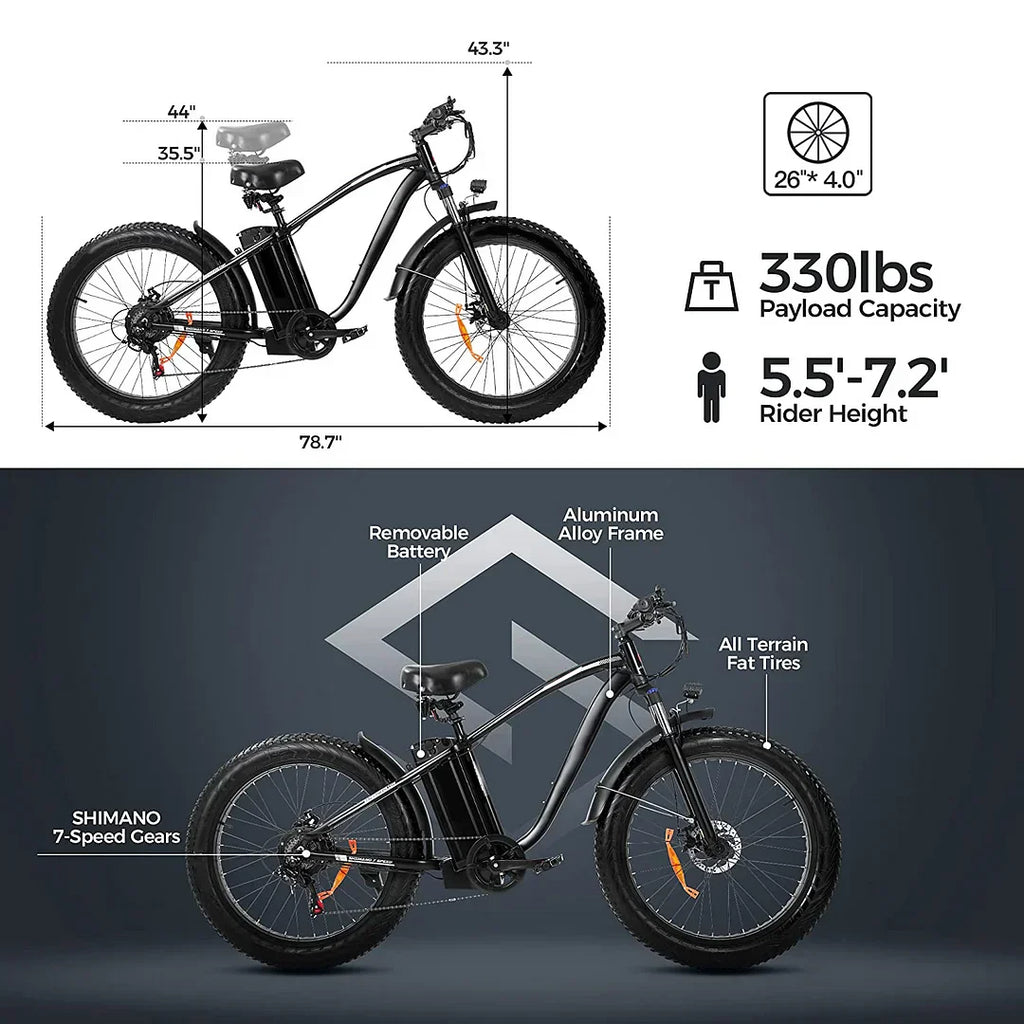 750W Electric Mountain Bike - 48V/15Ah Battery, Dual Disc Brakes, Shimano 7-Speed, Black