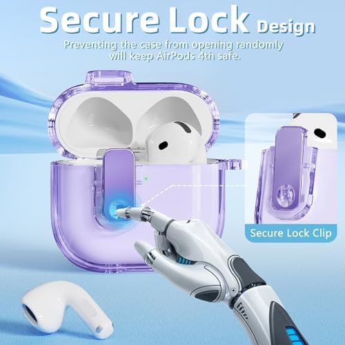 (with Safety Lock) Clear Case Compatible with AirPods 4th Generation Case with Cleaner Kit,Soft TPU Transparent AirPods 4 Case,Full Protection Cover with Lanyard for AirPods 4 Gen (2024) (USB-C)Purple