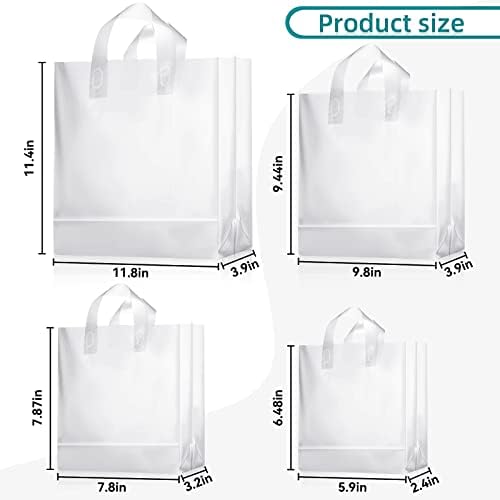 100 Pcs Frosted Plastic Gift Bags with Handles for Small Business Clear Shopping Bags with Cardboard Bottom,4 Sizes