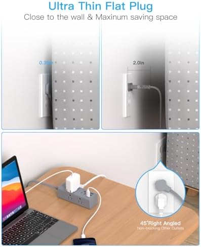 15Ft Extension Cord with Multiple Outlets, Flat Plug Power Strip Surge Protector with 15 Ft Long Cord, 6 Outlet 3 USB Ports (1 USB C), Multi Outlet Wall Plug for Travel, College, Dorm Essentials-Grey