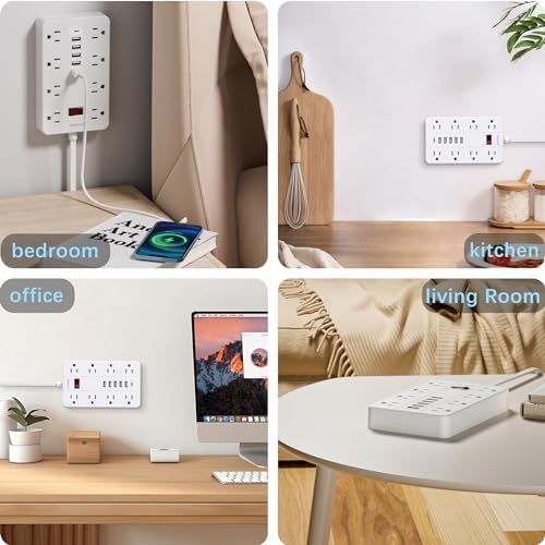 10 Ft Long Extension Cord,Power Strip Surge Protector HUNIAN Flat Plug with 8 Widely Spaced Outlets 6 USB(1 USB C Port), Wall Mount Charging Station for Home and Office,White