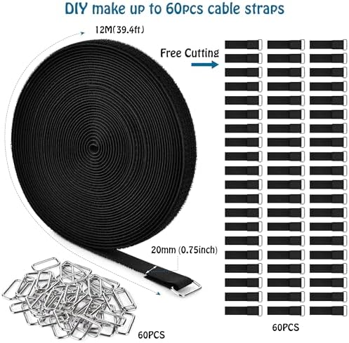 0.75" x39.4ft Hook and Loop Straps with 60 Buckles Adjustable Cut-to-Length Cable Ties - Reusable Nylon Fastening Tape Cable Straps for Storage or Organization (0.75in x 39.4ft)