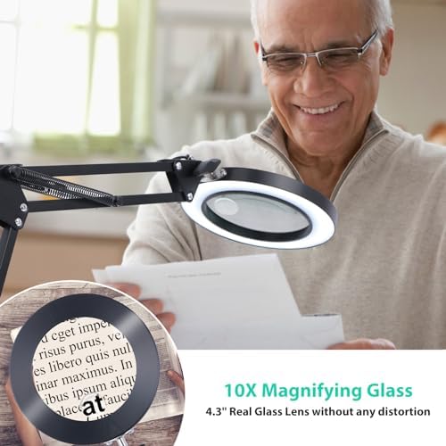 10X 20X Magnifying Glass with Light and Stand and Clamp, 2-in-1 Desk Book Magnifier for Reading 3 Color Modes Lighted Magnifying. Glass with Stand, Adjustable Height Magnifiers with Light Hands Free