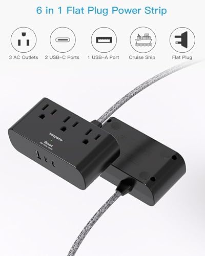 10 Ft Ultra Thin Flat Extension Cord, Black Flat Plug Power Strip with 3 Outlets 3 USB Ports(2 USB C), Desk Wall Outlet Extender, Non Surge Protector for Cruise, Dorm Room Essentials