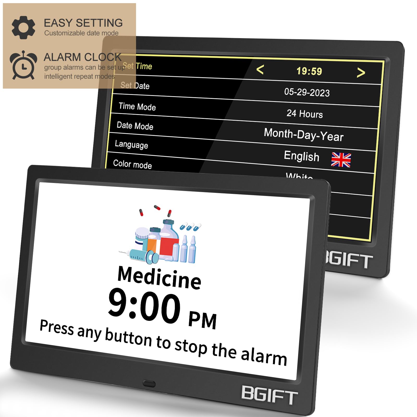 10.1" Digtal Clock with Day and Date for Seniors, Large LCD Display, Auto Dimmable, 12 Alarm Settings - Best Gift for Elderly