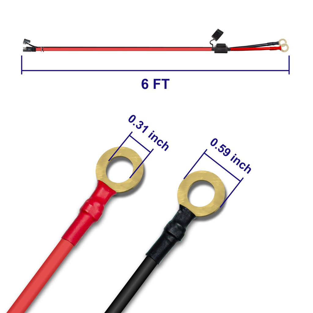 10AWG 6FT Charger Cable, SAE to O Ring Terminal Quick Disconnect Harness, 2 Pin SAE Connectors Extension Cables Cord with 15& 20A Fuse for Car, Motorcycle, Solar Panel