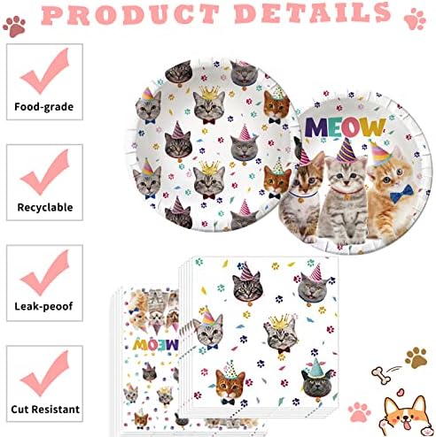 137PCS Kitten Birthday Party Supplies - Serves 20 Guests - Decorations, Plates, Banner, Napkins, Balloons, Tablecloth, Cake Toppers for Cat Themed Party