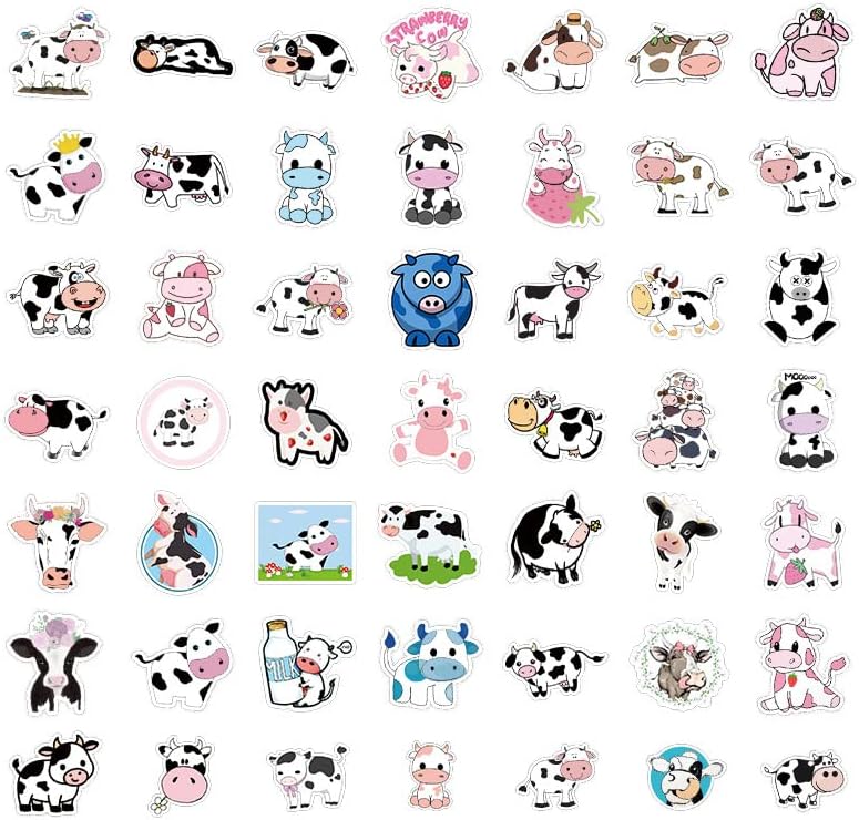 100 PCS Cow Stickers Waterproof PVC Vinyl Animal Decorative for Water Bottle Stickers Waterproof Vinyl Hydroflask Phone Skateboard Laptop Notebooks Stickers Gift to Friends Famils (Cow)