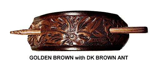 1 LARGE LEATHER HAIR BARRETTE WITH STICK…. CLIPPED CORNER DESIGN PONYTAIL HOLDER…... WESTERN FLOWER PATTERN HAIR CLIP CHOICE OF 5 OUTSTANDING COLORS