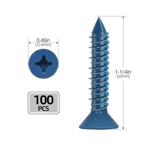 1/4" x 1-1/4" Concrete Screws, 100 PCS Blue Flat Head Concrete Screws Anchor Kit with Drill Bit and Screwdriver Bit, for Masonry, Cement, Block, Brick or Stucco