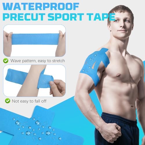 15 Pcs Kinesiology Tape for Shoulder, Precut Elastic Breathable Athletic Sports Kinesiology Tape for Rotator Shoulder Stability and Muscle Support (Blue)