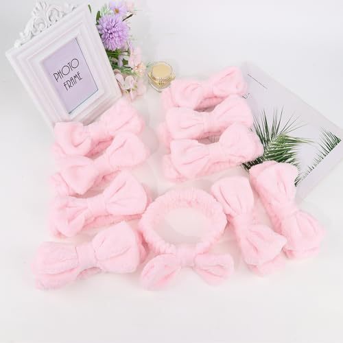 10 Pcs Pink Makeup Headbands, Hair Band for Washing Face, Soft Coral Fleece Makeup Headband for Girls, Bow Hair Bands, Beauty Headbands for Face Washing Shower Skin Care Yoga