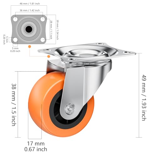 1.5 Inch Casters, ASHGOOB Caster Wheels/Casters Set of 32, 360° Swivel Universal Plate Caster Wheels for Storage Box/Small Furniture/Kitchen Appliances, Orange Polyurethane (PU) Castors (32 Pack)
