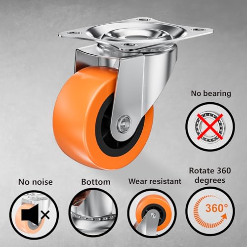 1.5 Inch Casters, ASHGOOB Caster Wheels/Casters Set of 32, 360° Swivel Universal Plate Caster Wheels for Storage Box/Small Furniture/Kitchen Appliances, Orange Polyurethane (PU) Castors (32 Pack)