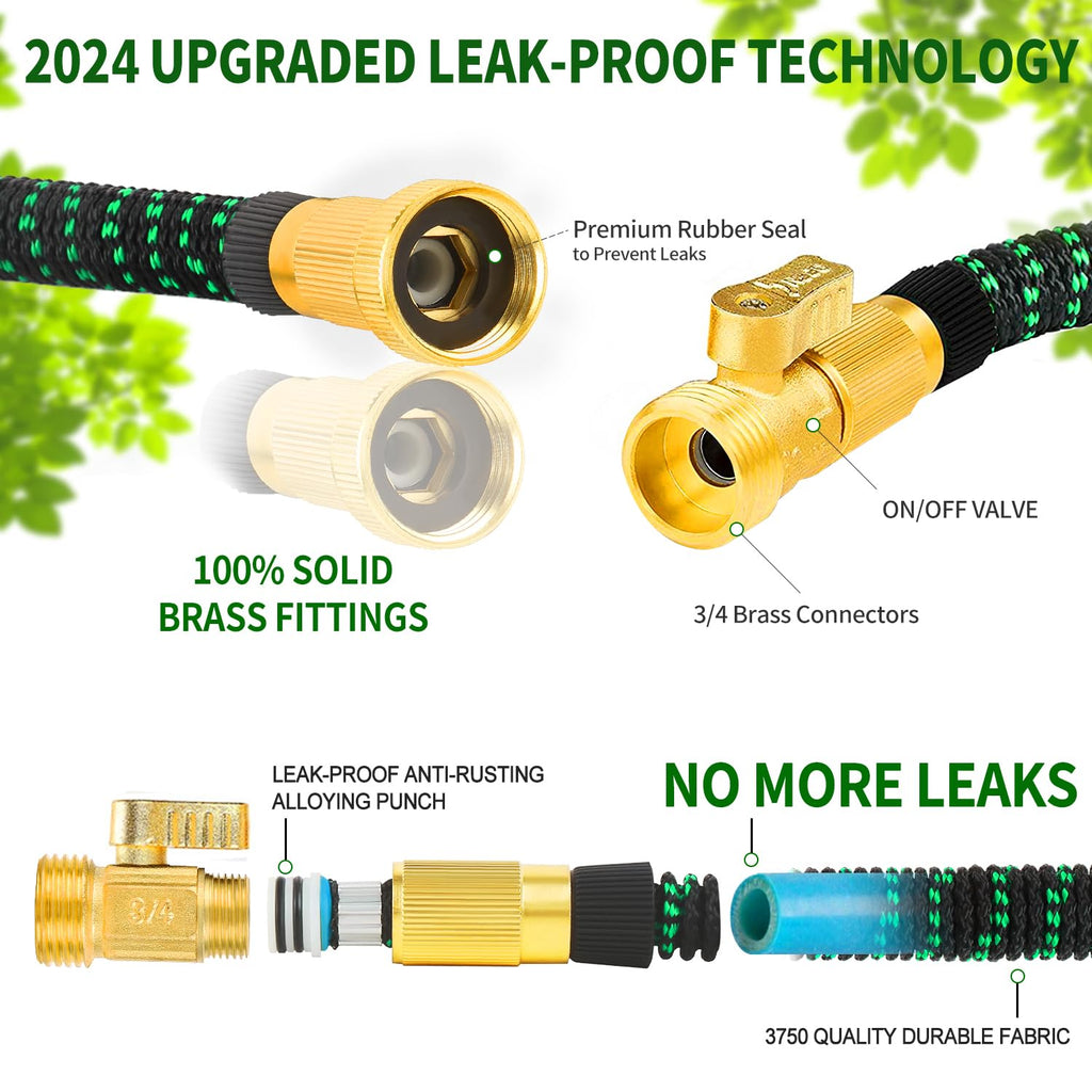 100 ft Expandable Garden Hose - All New 2024 Retractable Water Hose with 3/4" Solid Brass Fittings, Extra Strength Fabric - Flexible Expanding Hose with 10 Pattern Spray Nozzle，blackgreen