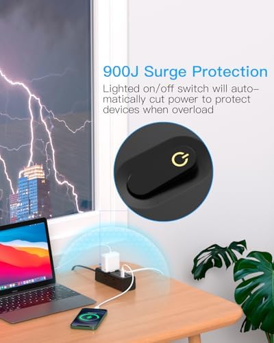 15Ft Extension Cord with Multiple Outlets, Flat Plug Power Strip Surge Protector with 15 Ft Long Cord, 6 Outlet 3 USB Ports (1 USB C), Multi Outlet Wall Plug for Travel, College, Dorm Essentials-Black