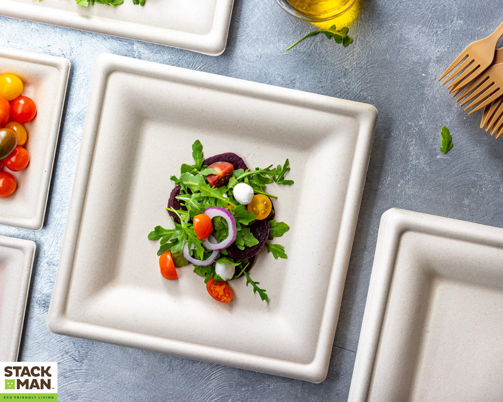 100% Compostable Square Paper Plates [50-Pack] - {PFAS-Free} - {BPI Certified} - [10 Inch] Heavy Duty, Eco-Friendly, Biodegradable Bagasse Dinner Plates - Natural Brown 10" Plate by Stack Man