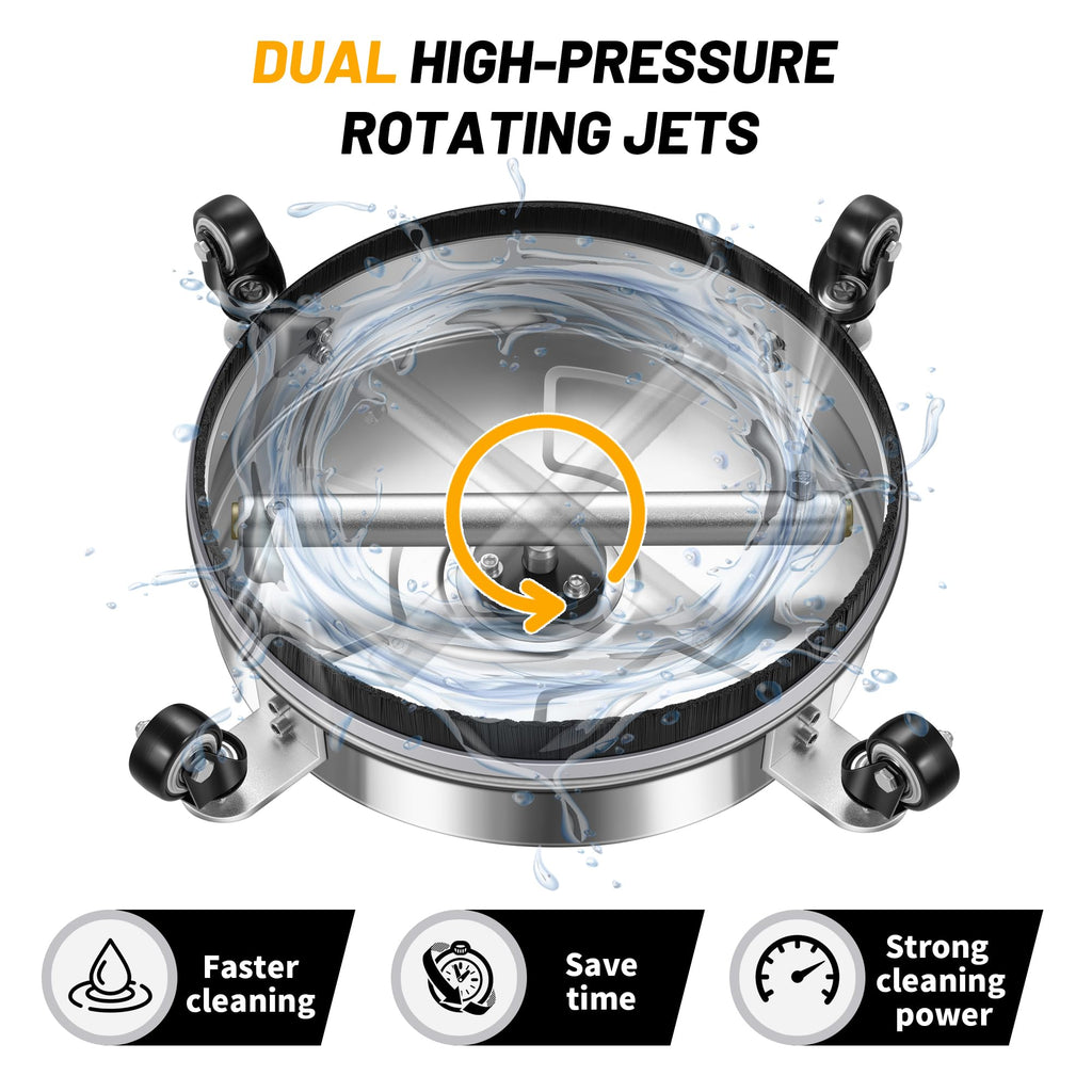 14" Pressure Washer Surface Cleaner with 4 Wheels - Stainless Steel Surface Cleaner for Pressure Washer Attachment for Concrete, Patio, Sidewalk, Deck and Driveways - PWS14