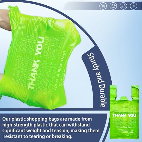 1000PACK Green Thank you bags, T shirt bags, Plastic Bags with Handles, Grocery shopping bag Reusable and Disposable Supermarket Bag 11.5''x6.25''x21'' (Green),Medium