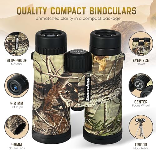 10X42 Compact Binoculars for Adults - Long Distance, High Powered Binoculars with Travel Case - Bright Light & Large Field of View - Lightweight, Water & Fog Proof, Hunting, Bird Watching