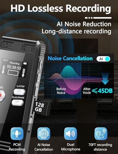 128GB Digital Voice Recorder Activated with Playback - 3072 Kbps HD Recording and Noise-Canceling Voice-Activated Recording, Audio Recording Device for Lectures Meetings, A-B Repeat, MP3 Player