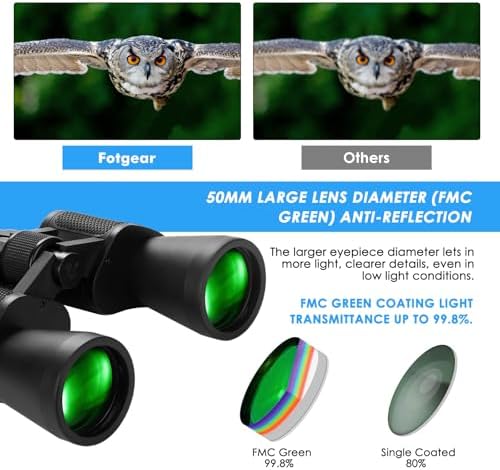 10x50 High Powered Binoculars for Adults, Professional Binoculars with Clear Vision, BAK4 Prism, FMC Lens, Waterproof Binoculars with Carrying Bag for Bird Watching Hunting Football Games
