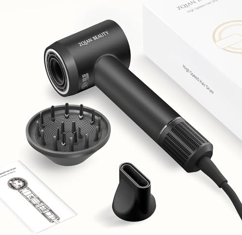 110,000 RPM Brushless Motor Hair Dryer for Fast Drying, 200 Million Negative Ions, Travel-Friendly Low Noise Design (Black, with Concentrator and Diffuser)